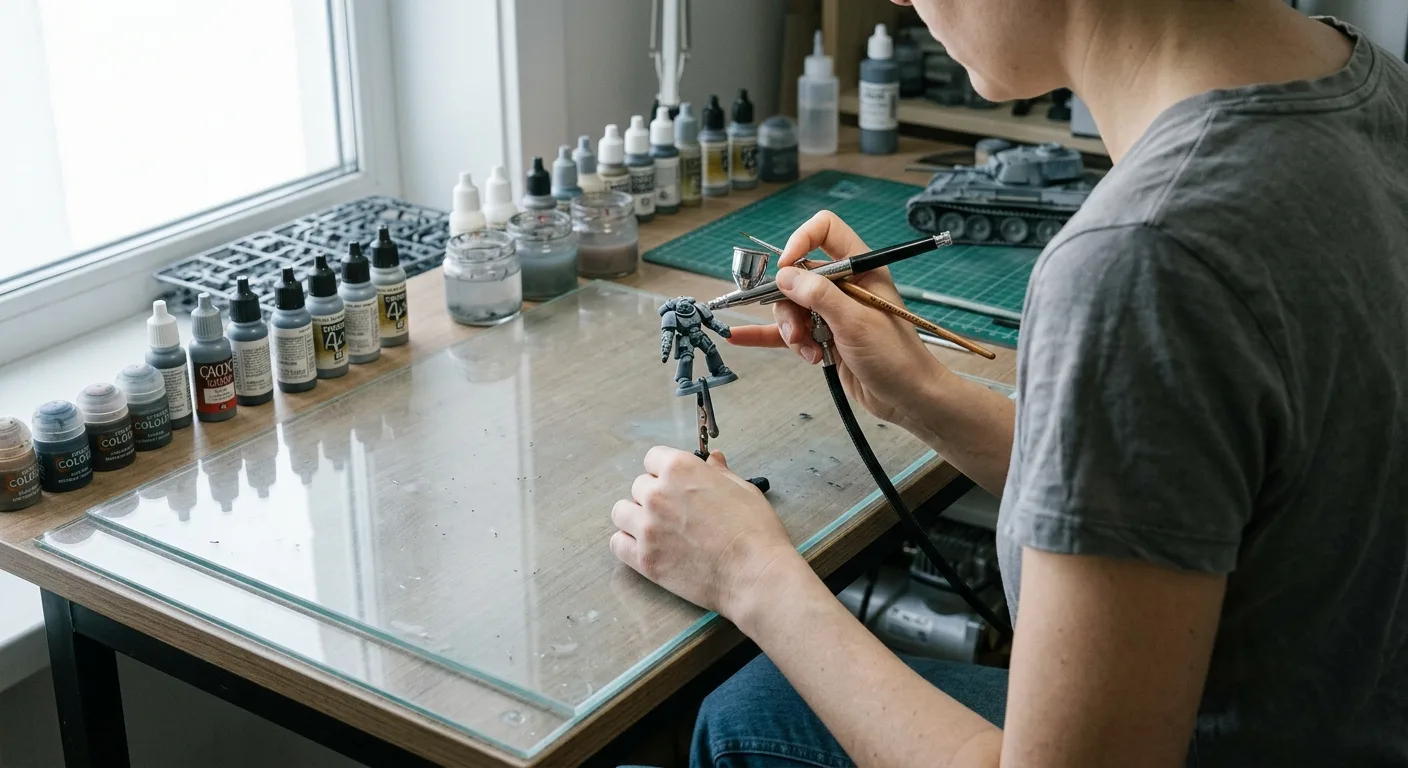 A side-by-side view of an airbrushed miniature base coat next to hand-painted edge highlights on a hobby desk.