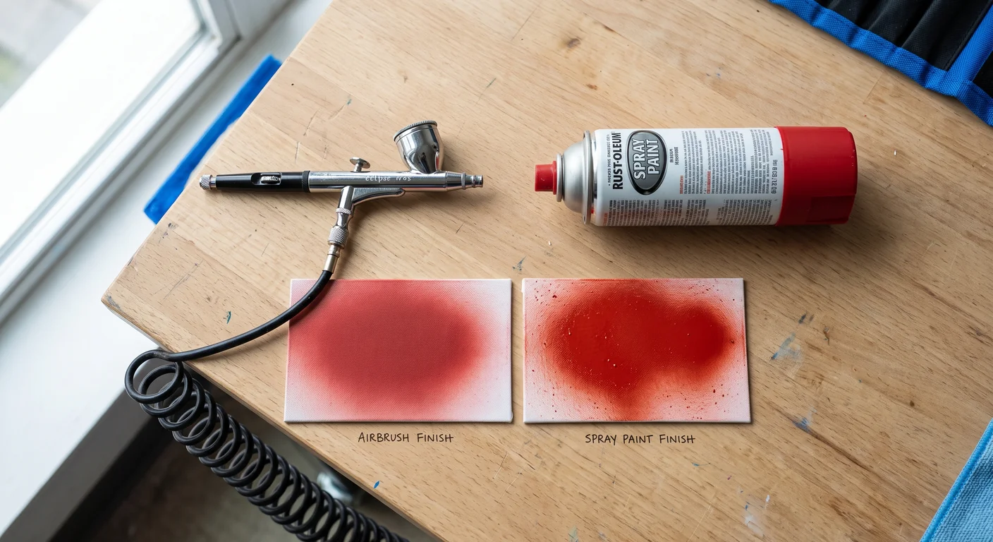 A side-by-side comparison of a dual-action airbrush and a standard spray paint can on a hobby desk
