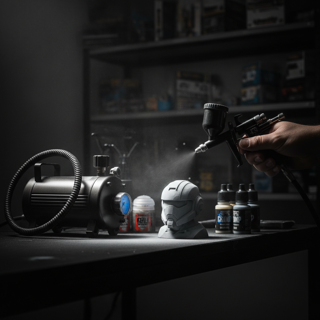 An airbrush spraying grey primer onto a detailed resin 3D printed miniature on a painting stand