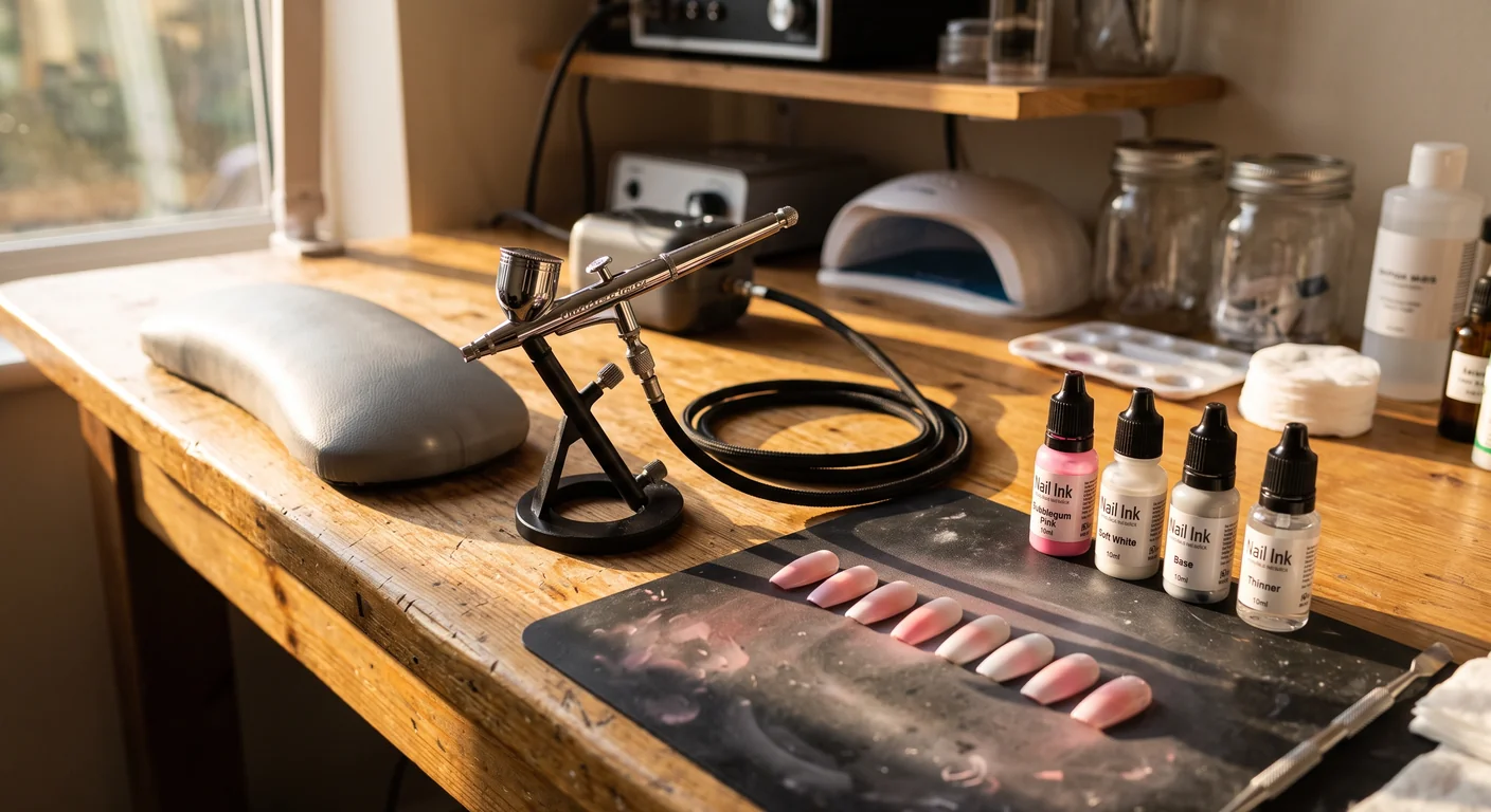 A professional nail technician using a gravity feed airbrush to create a pink ombre effect on acrylic nails.