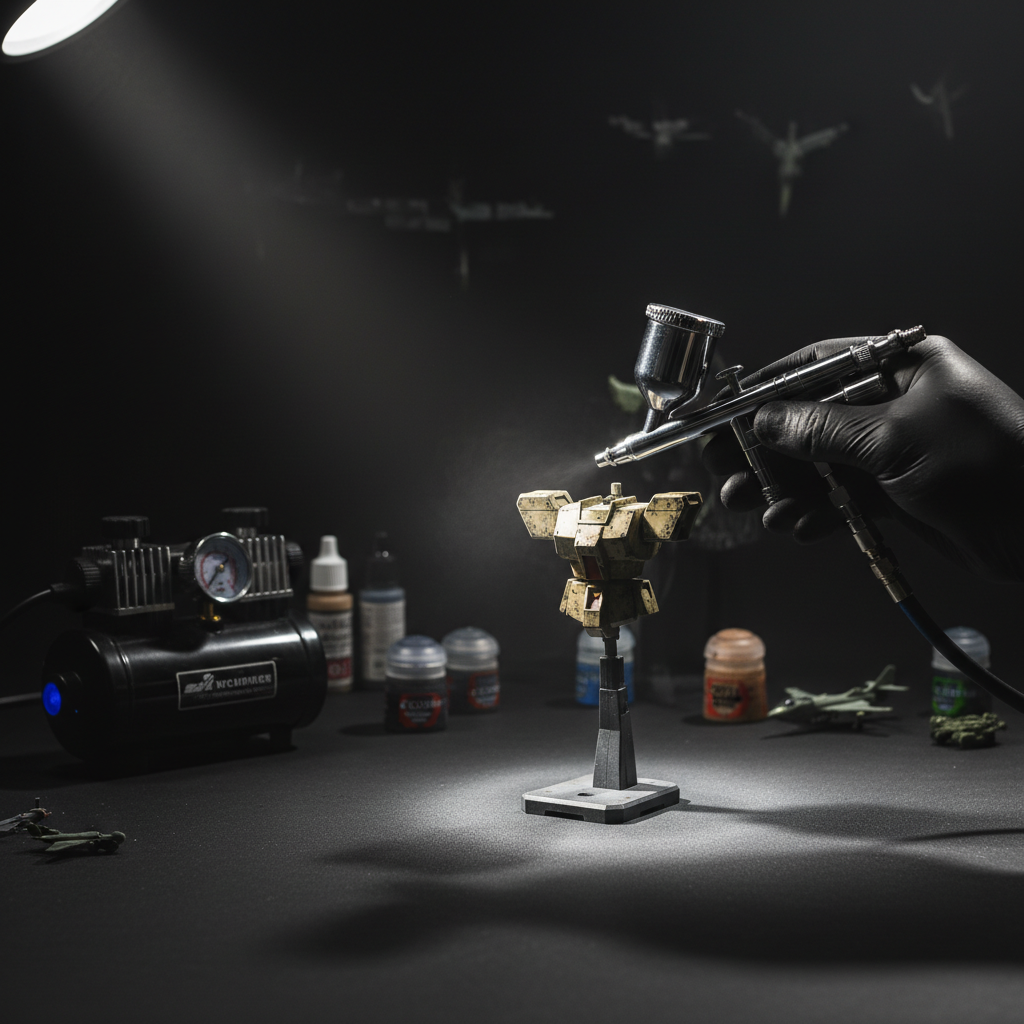 A modeler airbrushing a 1/35 scale military tank kit on a workbench with Tamiya paints nearby