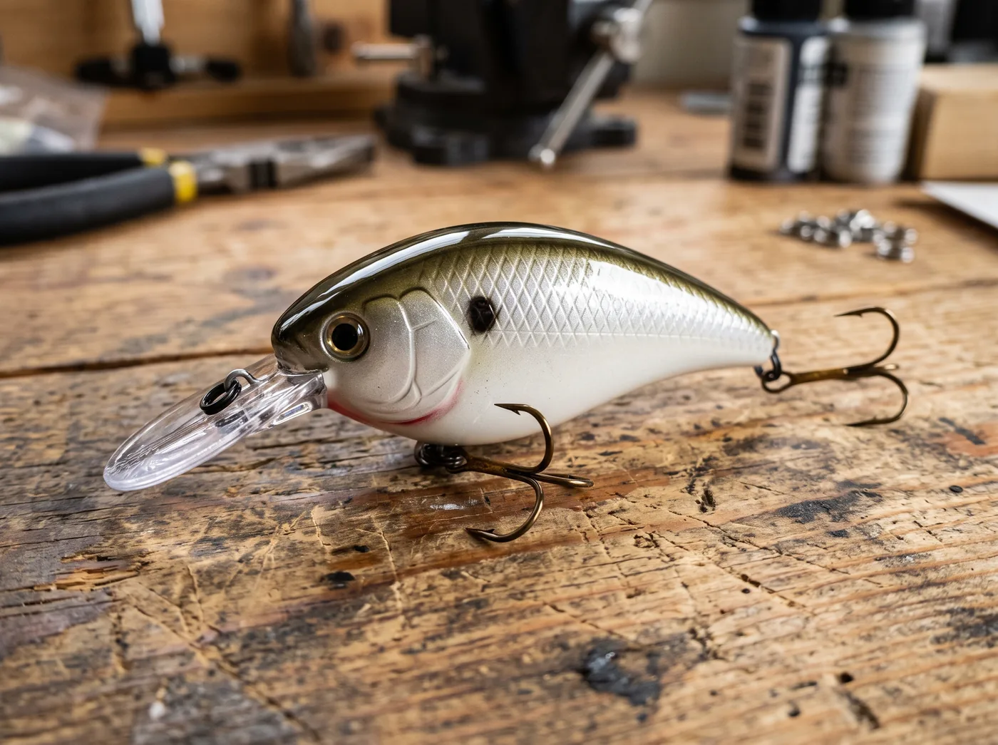 Custom airbrushed shad-pattern crankbait with pearl silver scales and a black kill dot