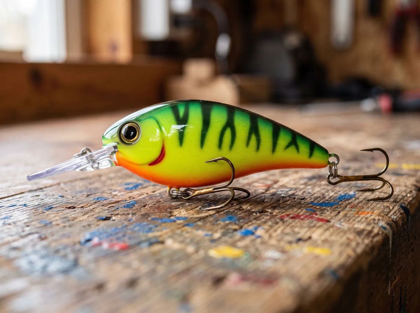 Firetiger crankbait airbrushed in chartreuse with dark green tiger bars and an orange belly