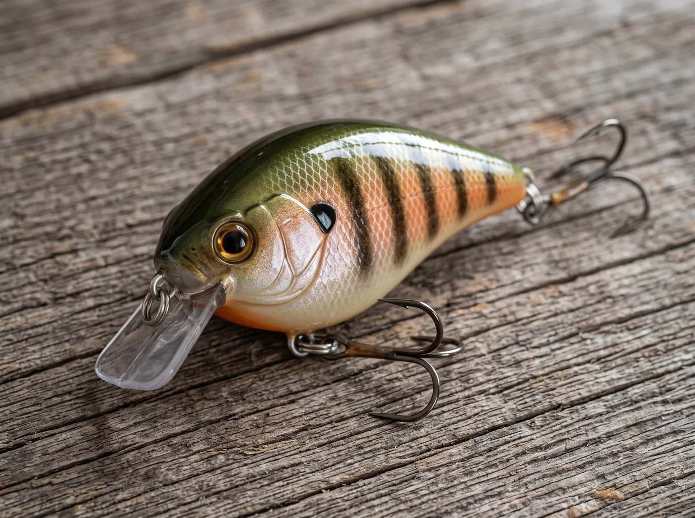Bluegill-pattern squarebill crankbait with an olive back, copper flanks and a sprayed scale mesh
