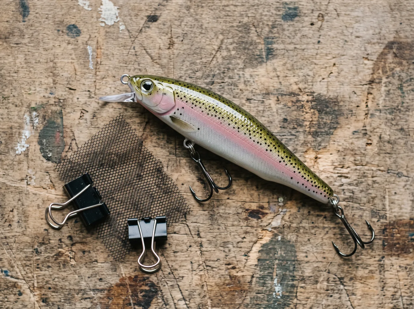 Rainbow trout jerkbait beside the tulle scale mesh and binder clips used to spray it