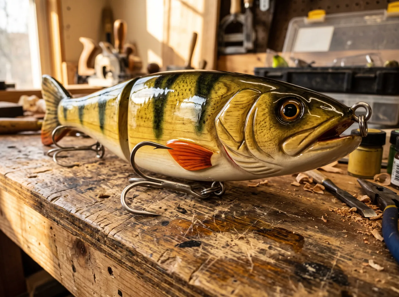 Hand-carved cedar musky glide bait airbrushed in a yellow perch pattern