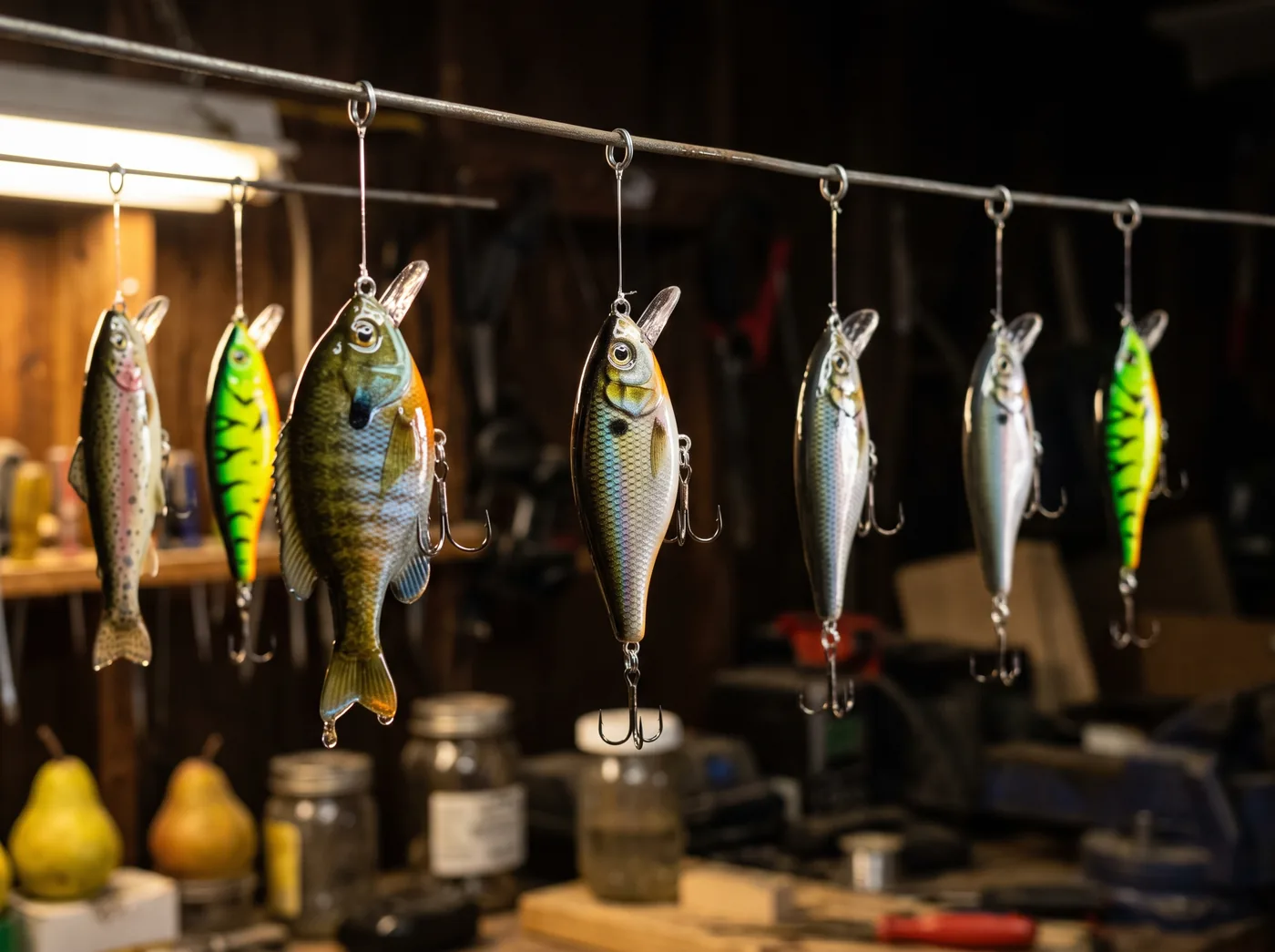 Freshly epoxy-coated lures hanging from a wire drying rack